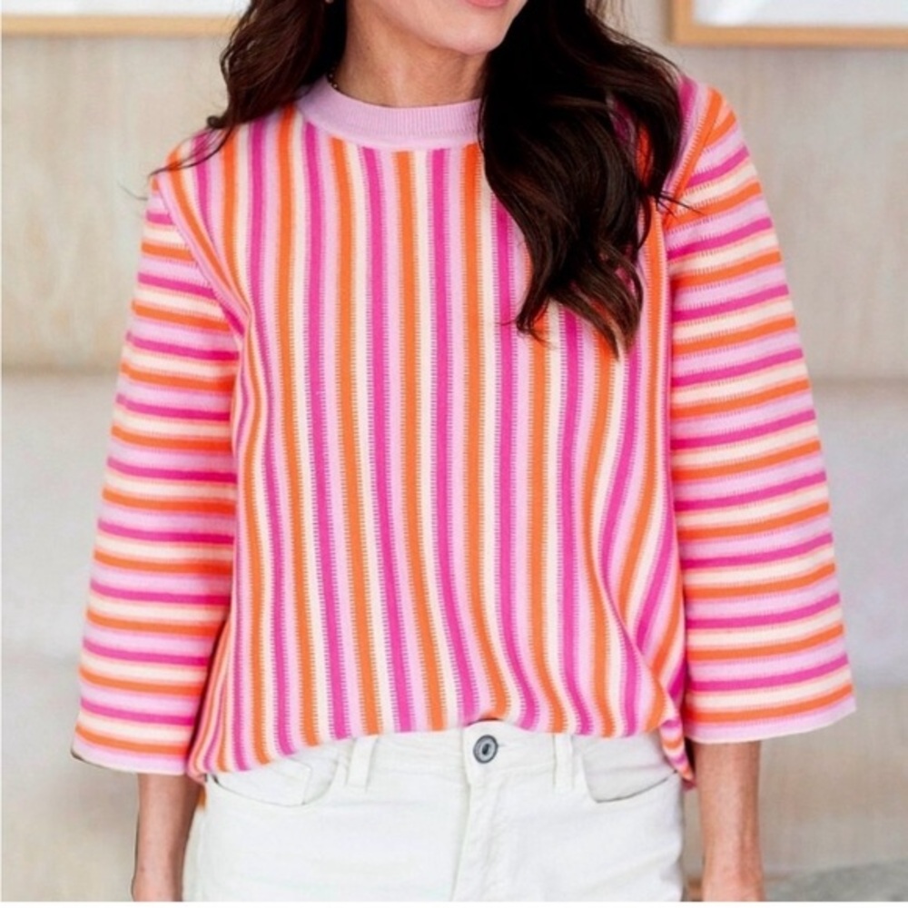 AVARA pink striped 3/4 sleeve knit sweater size small